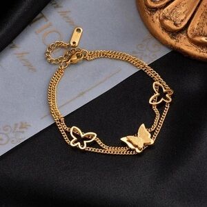 Women Gold Plated Stainless Steel Double Layer Butterfly Charm Bracelet Her Gift